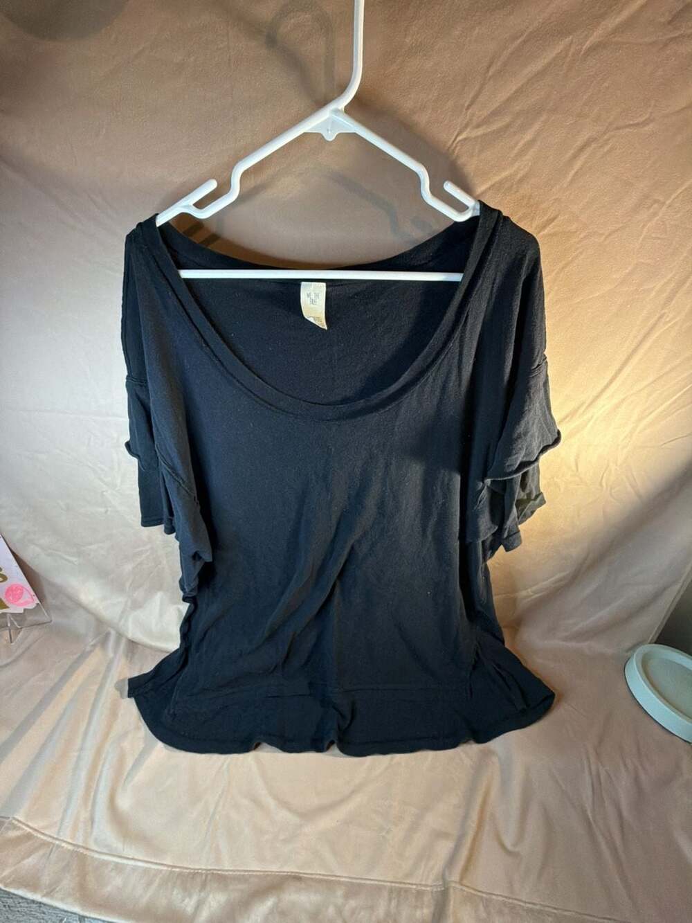 We The Free T-Shirt Size Large Black Ruffled Sleeve Scoop Neck